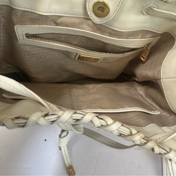 Ralph Lauren Woven Leather Debby Tassel Logo Drawstring Shoulder Bag Bucket Tote - Picture 13 of 16